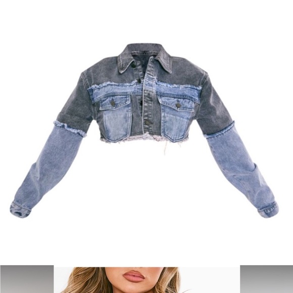 PrettyLittleThing Jackets & Blazers - PrettyLittleThing Gray and Blue Denim Cropped Frayed Jacket Size 4